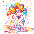 Animiertes Konfetti, mehrfarbige Luftballons und eine Geschenkbox in einem fröhlichen GIF zum 92. Geburtstag