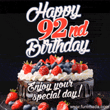 A birthday greeting card image. It features a chocolate cake with berries and the text 'Happy 92nd Birthday. Enjoy your special day!'