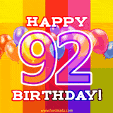 A birthday cake with lit candles is shown with colorful balloons and animated confetti.