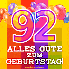 Große Zahl 35 in Umrissschrift, die Worte 'Alles Gute zum 92. Geburtstag', mehrfarbige animierte Ballons und lebendiger Hintergrund.