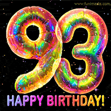 Shiny number 93 birthday celebration balloons with an iridescent glow and glitter on a black background with twinkling stars.