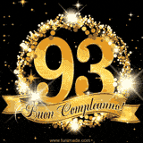 Il numero 93 è circondato da un anello dorato brillante, accompagnato da un nastro elegante con la scritta 'Buon Compleanno!' su uno sfondo scuro.