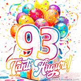 Animazione con palloncini colorati e scintillanti, accompagnata dal numero 93 in caratteri grandi e luminosi, e la scritta 'Tanti Auguri!' in stile vivace.
