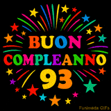 GIF animata 'Buon Compleanno 93' con lettere colorate e fuochi d'artificio