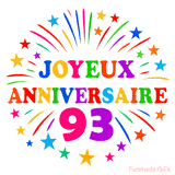 GIF animé joyeux anniversaire 93 ans avec étoiles multicolores et feu d’artifice
