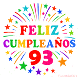 Imagen animada para felicitar los 93 años con letras de colores y diseño festivo.