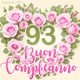GIF per il 93° compleanno con un cuore di rose rosa e scritta elegante