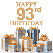 Festive animated eCard with elegant 'Happy 93rd Birthday' text above a pile of luxurious blue, white, and gold gift boxes and presents.