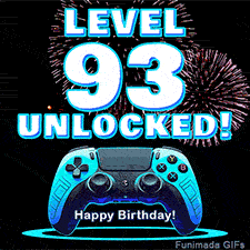 Animated GIF for a 93 birthday. The text 'Level 93 Unlocked!' and 'Happy Birthday!' are displayed over a blue video game controller with exploding fireworks in the background.