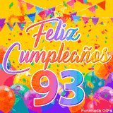 Un GIF animado para un 93º cumpleaños, Muestra el texto 'Feliz Cumpleaños 93' sobre un fondo amarillo vibrante con globos de colores, banderines y una lluvia de confeti.