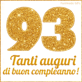 GIF animata per un 93° compleanno, Mostra il numero 93 in grandi caratteri dorati pieni di glitter scintillante, Sotto, la scritta 'Tanti auguri di buon compleanno!' in un elegante oro.