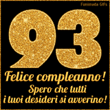 Un GIF animato per un 93° compleanno, Presenta il testo 'Buon Compleanno 93' su uno sfondo giallo vivo con palloncini colorati, festoni e una pioggia di coriandoli.