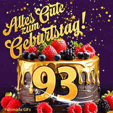Eine köstlich aussehende animierte Geburtstagskarte für den 93. Geburtstag, dekoriert mit Erdbeeren, Blaubeeren und goldenen Details, Sterne funkeln und fallen, mit 'Alles Gute zum Geburtstag!'-Text.