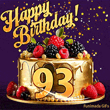 A delicious-looking animated birthday card for a 93rd birthday, decorated with raspberries, blackberries, and gold details, Stars sparkle and fall, with 'Happy Birthday!' text above.