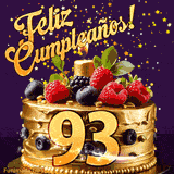 Una animación de celebración de una tarta para el 93º cumpleaños, Estrellas doradas caen del cielo, destacando el texto '¡Feliz Cumpleaños!' y el número dorado 93 en la tarta.