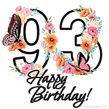 A floral 93rd birthday animated greeting card. The number '93' is surrounded by animated flowers and butterflies, creating a beautiful and cheerful way to celebrate the milestone.