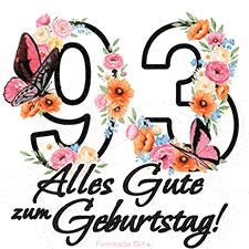 Ein florales GIF zum 93. Geburtstag. Die Zahl '93' ist von animierten Blumen und Schmetterlingen umgeben und bietet eine schöne und fröhliche Art, den Meilenstein zu feiern.