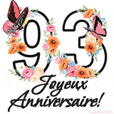Ce GIF de Joyeux 93ème Anniversaire présente le nombre vingt rempli d'un bouquet vibrant de fleurs animées, avec des papillons qui bougent doucement sur un fond blanc.
