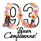 Questo GIF di Buon 93° Compleanno mostra il numero venti riempito con un vibrante bouquet di fiori animati, con farfalle che si muovono dolcemente su uno sfondo bianco.