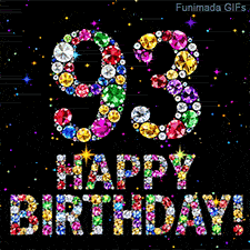 A black backdrop displaying the number 93 and Happy Birthday text, both formed by shiny multi-colored diamonds surrounded by tiny twinkling bright colored lights.