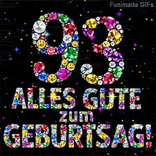 Aus farbigen Edelsteinen gestaltete Ziffer 93 und der Text Alles Gute zum Geburtstag vor einer dunklen Fläche mit kleinen leuchtenden Sternen.