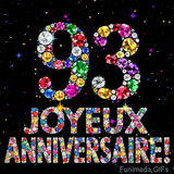 Sur un fond sombre, le chiffre 93 et Joyeux Anniversaire sont formés par des diamants multicolores, accompagnés de petites étoiles scintillantes.