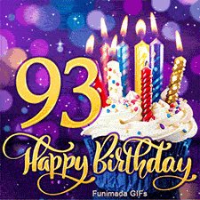 The golden digit 93 beside a sprinkled cupcake with lit candles. Happy Birthday is written in golden script on a blurry purple background.