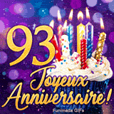 Carte virtuelle animée 93 ans illustrant un cupcake aux bougies colorées et le nombre 93 d'or sur fond lila.