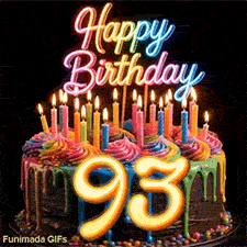 Spinning birthday cake GIF for 93rd birthday decorated with rainbow frosting, lit candles, and glowing yellow number 93.