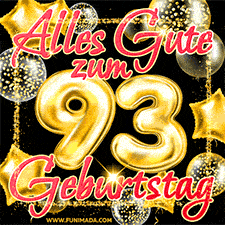 Glänzende goldene Ballons und ein quadratischer Glitzerrahmen: Animiertes GIF zum 93. Geburtstag mit der großen goldenen Zahl 93
