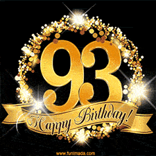 A golden 93rd birthday GIF features a decorative circle and ribbon. The design sparkles with light and gold accents against a black background.