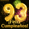 ¡Muy felices 93 años! GIF de texto dorado y fuegos artificiales.