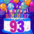 93rd Birthday Cake gif: colorful candles, balloons, confetti and number 93