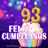 GIF animado de un cupcake decorado con confites, dos velas doradas encendidas formando el número 93, sobre un fondo púrpura brillante con destellos.