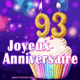 GIF animé joyeux anniversaire pour 93 ans avec un cupcake coloré, des bougies dorées en forme de 93 et un fond violet scintillant.