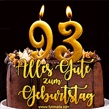 Animiertes GIF mit einer Schokoladen-Geburtstagstorte, großen goldenen Kerzen mit der Zahl 93 und einem dekorativen Text mit der Aufschrift 'Alles Gute zum Geburtstag'.