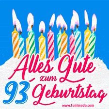 Ein buntes Geburtstags-GIF mit strahlenden Kerzen auf einer festlichen Torte zur Feier des 93.