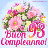 Bouquet animato con rose rosa, margherite e altri fiori colorati, con il numero 93 e la scritta 'Buon Compleanno!' in stile elegante e luminoso.