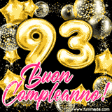 Animazione con palloncini dorati a forma del numero 93, circondati da decorazioni scintillanti e la scritta 'Buon Compleanno!' in caratteri rosa accattivanti.