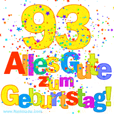 Geburtstags-GIF mit animierten bunten Sternen, der großen Zahl 93 und dem mehrfarbigen Text 'Alles Gute zum Geburtstag'.