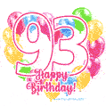 Colorful heart-shaped balloons frame GIF for a 93rd birthday celebration