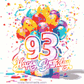Animated star-shaped confetti, multicolor balloons, and a gift box in a joyful 93rd birthday GIF