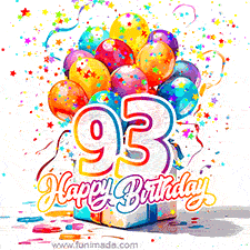 A festive birthday age GIF with animated star confetti, colorful balloons, and a gift box with the number 93. The text reads 'Happy Birthday'.