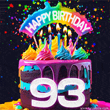 Chocolate cake with cyan layers, pink dressing and a big number 93 adorned with vibrant multicolored frosting, lit candles, and a rainbow topper with text that says 'Happy Birthday'. Animated colorful confetti move behind the cake.