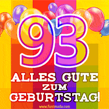 Große Zahl 35 in Umrissschrift, die Worte 'Alles Gute zum 93. Geburtstag', mehrfarbige animierte Ballons und lebendiger Hintergrund.