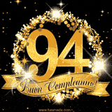 Il numero 94 è circondato da un anello dorato brillante, accompagnato da un nastro elegante con la scritta 'Buon Compleanno!' su uno sfondo scuro.