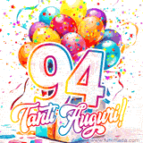 Animazione con palloncini colorati e scintillanti, accompagnata dal numero 94 in caratteri grandi e luminosi, e la scritta 'Tanti Auguri!' in stile vivace.