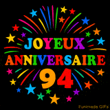 GIF animé 'Joyeux Anniversaire 94' avec des lettres colorées et des feux d'artifice éclatants