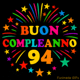 GIF animata 'Buon Compleanno 94' con lettere colorate e fuochi d'artificio