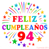 Imagen animada para felicitar los 94 años con letras de colores y diseño festivo.